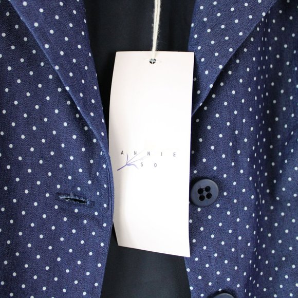 Annie 50 Cotton Dress Button Down Fit and Flare XS Navy Blue White Polka Dot D93 - Picture 11 of 12